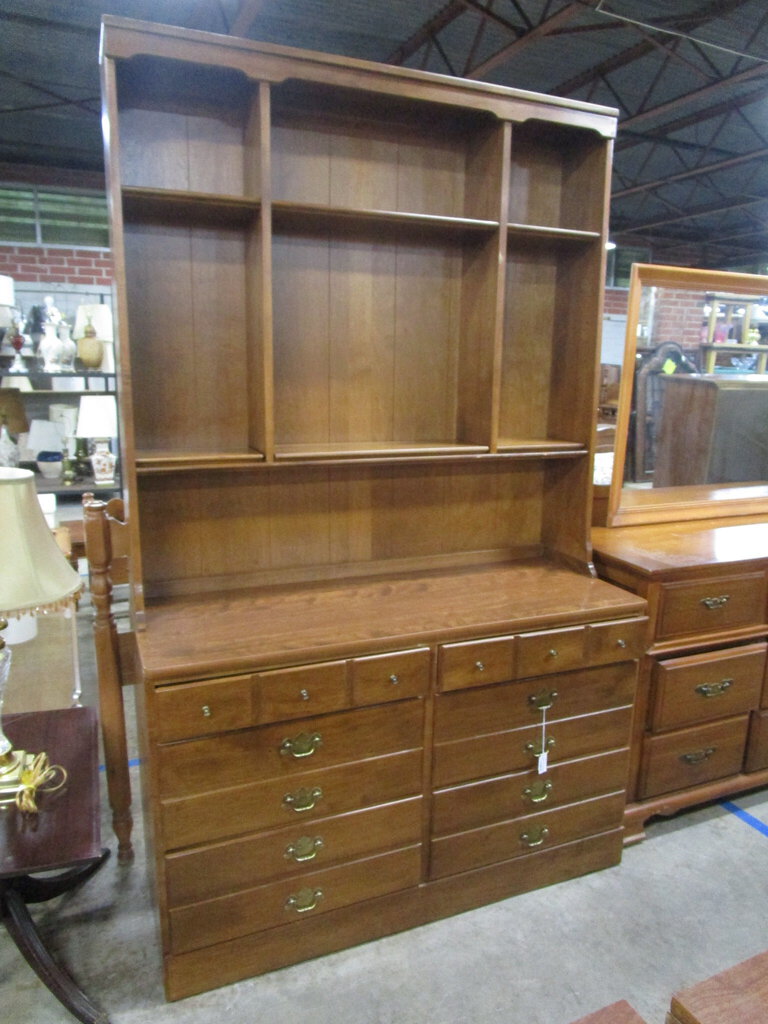 Vintage Ethan Allen Nutmeg Maple Six Drawer Dresser and Hutch Bookcase Top