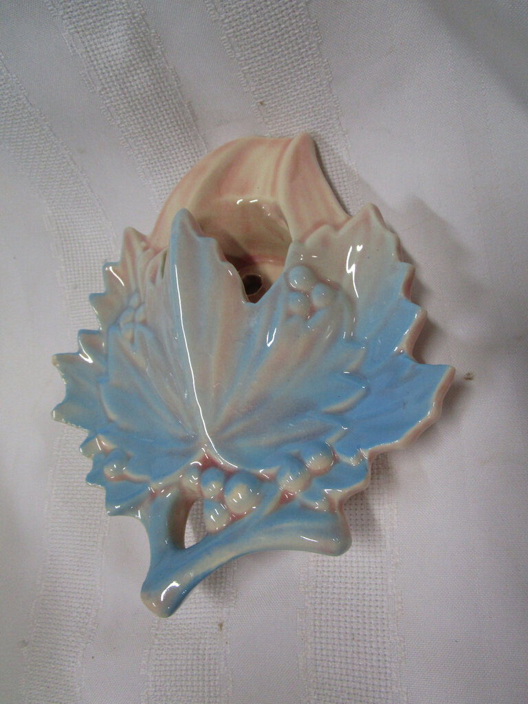 Vintage McCoy Unmarked Blue & Pink Maple Leaf Ceramic Small Wall Pocket