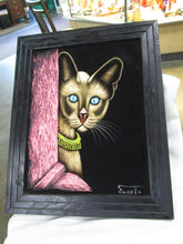 Load image into Gallery viewer, 1960&#39;s Artist Signed Siamese Cat Behind Pink Curtain on Black Velvet Framed Artwork
