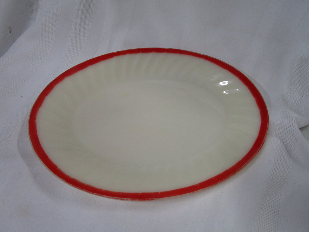 Vintage Fire King White Milk Glass with Red Border Edge Oval Serving Platter
