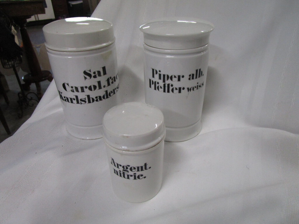 Vintage German Apothecary Pharmacy White Porcelain Canister Set with Lids