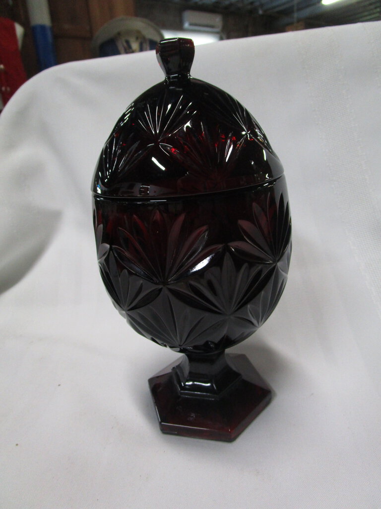 Vintage Ruby Red Glass Starburst Pedestal Egg Candy Dish