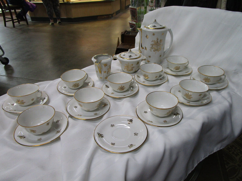 Vintage P. Pastaud Limoges France White Porcelain with Gold Floral Tea Service Set for 10