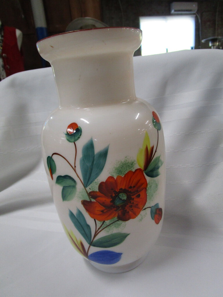 Vintage White Milk Glass Handpainted Poppy Vase