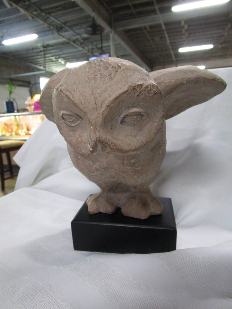 1975 Klara Sever Austin Productions Pottery Owl Sculpture on Black Wood Base