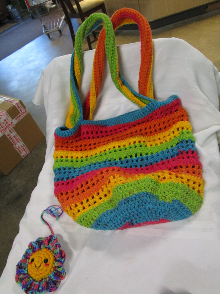 Handmade Rainbow Crochet Beach Market Tote with Flower Face Key Chain