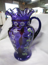 Load image into Gallery viewer, Vintage Purple Violet Glass Handpainted Floral Decor Pitcher
