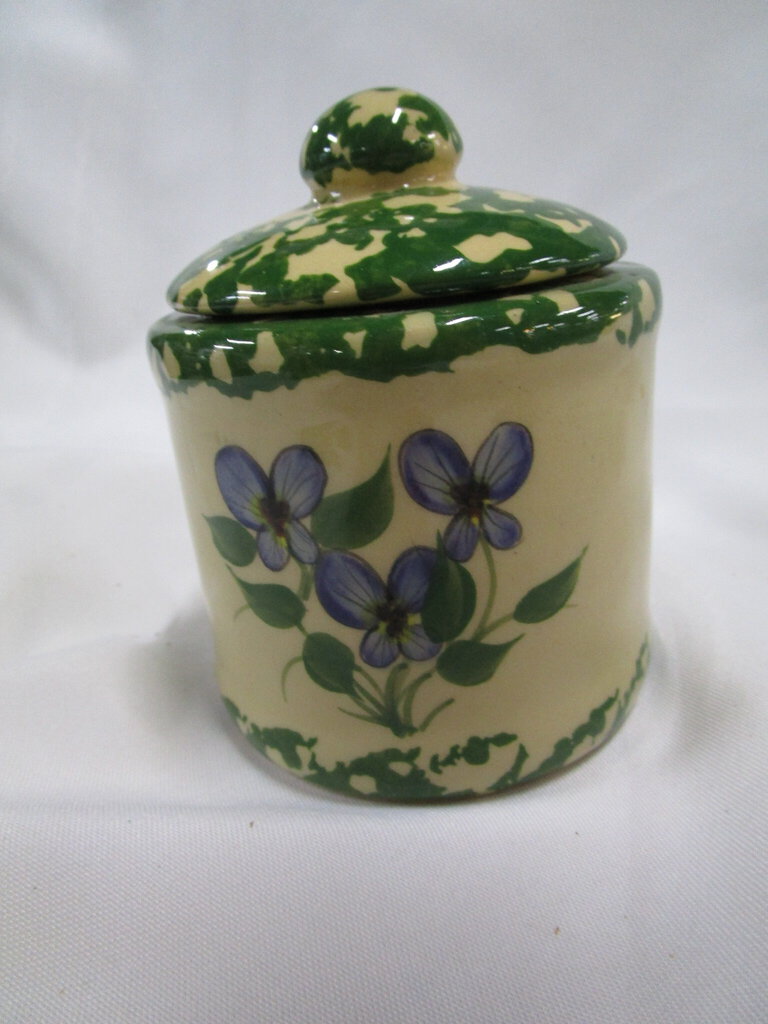 1999 Roseville Pottery Floral Spongeware Sugar Pottery Jar with Lid