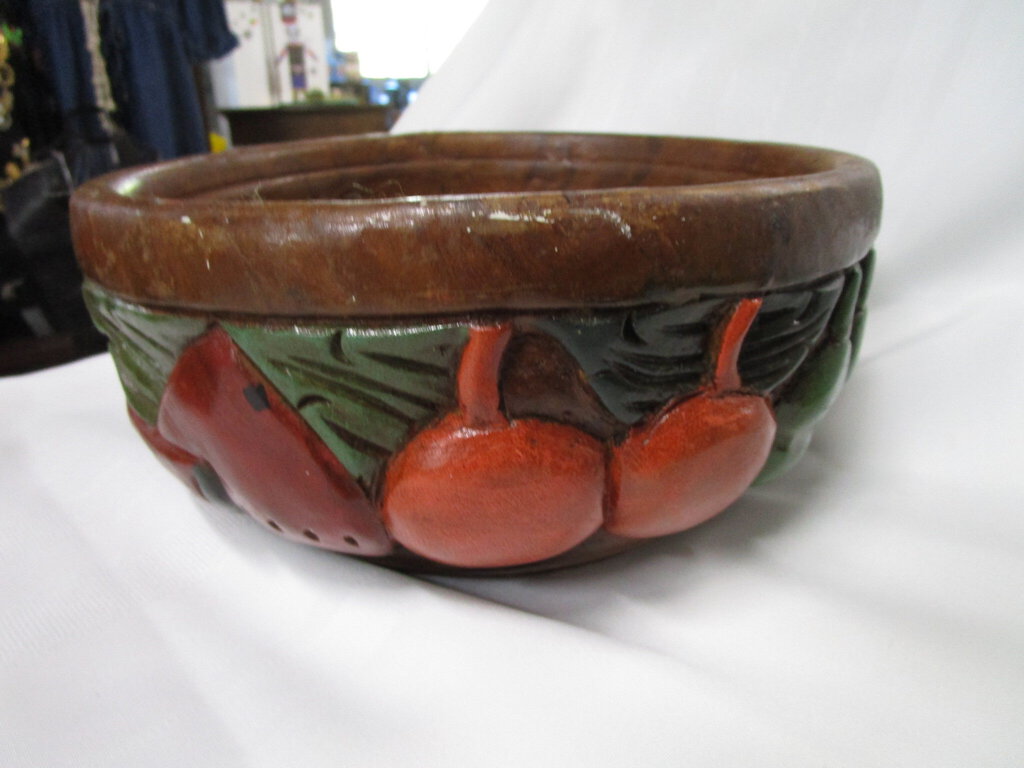 Rustic Hand Carved Painted Fruit & Vegetable Motif Fruit Decor Bowl