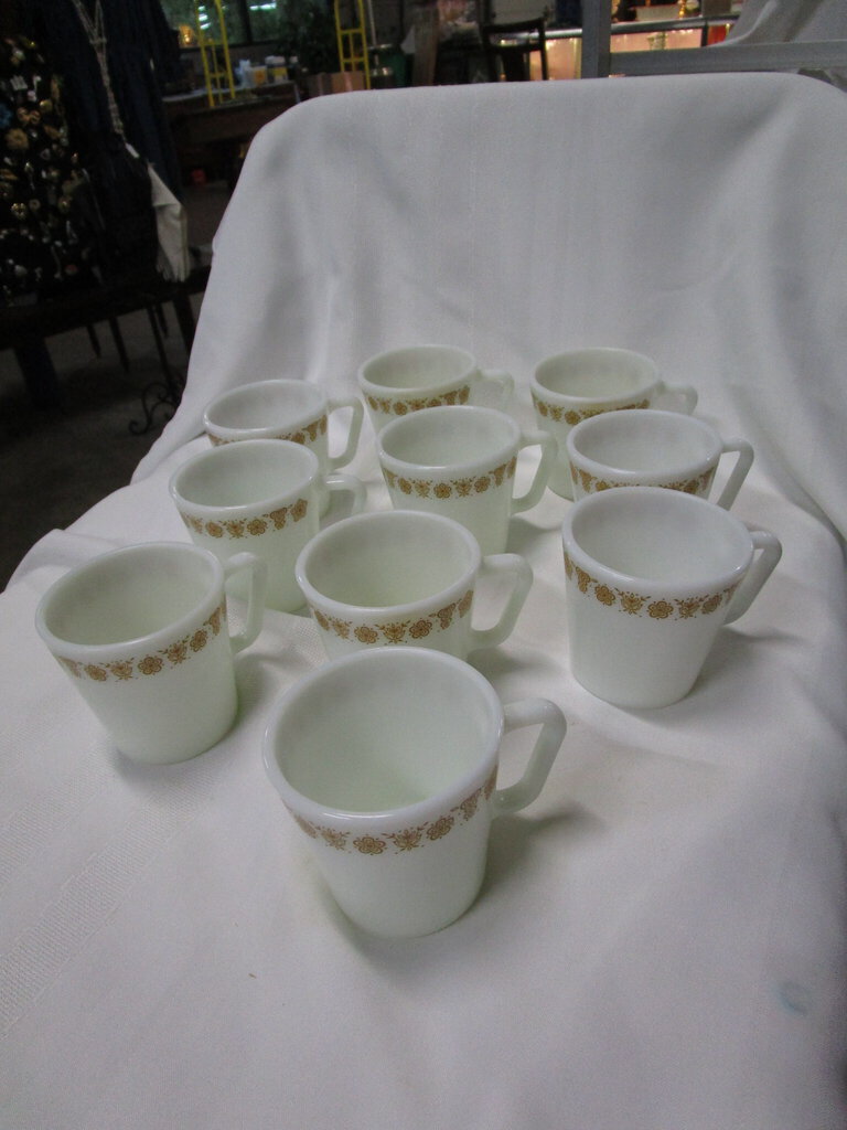 Pyrex Gold Butterfly Pattern Coffee Mugs Set of 8 Milk Glass Cups 