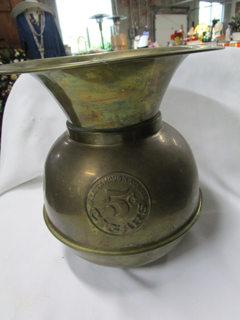 Vintage All Famous Havana Cigars 5 Cent Brass Weighted Bottom Spittoon