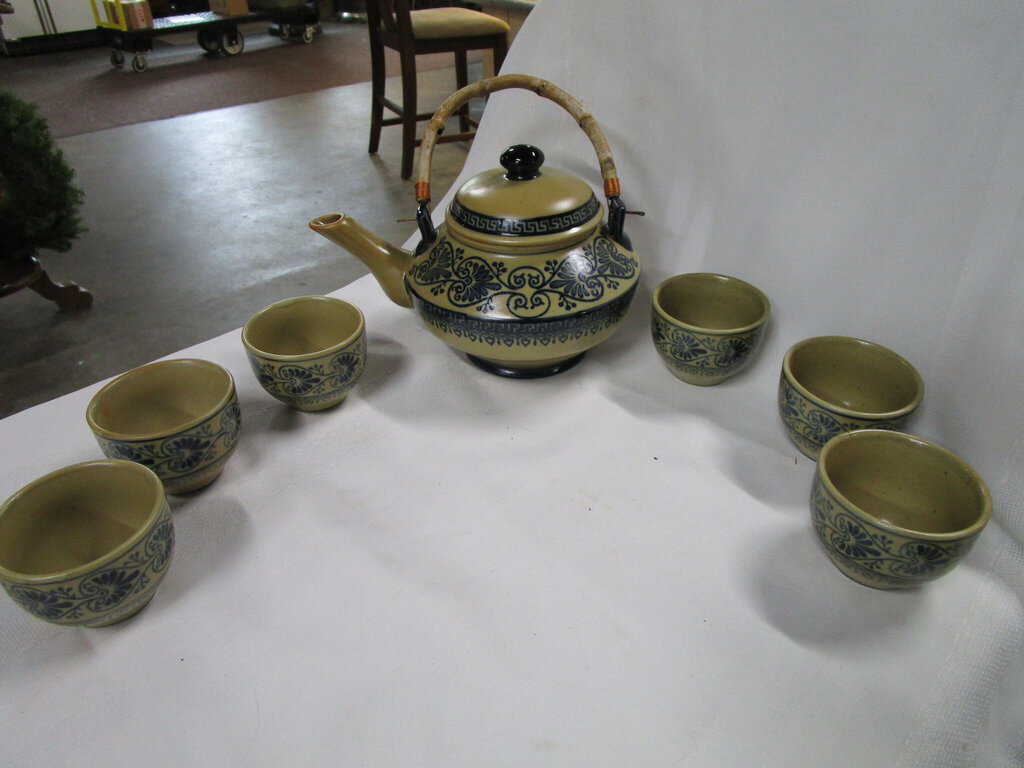 Vintage Porcelain Tan/Blue Floral Teapot with Bamboo Handle and (6) No Handle Tea Cups
