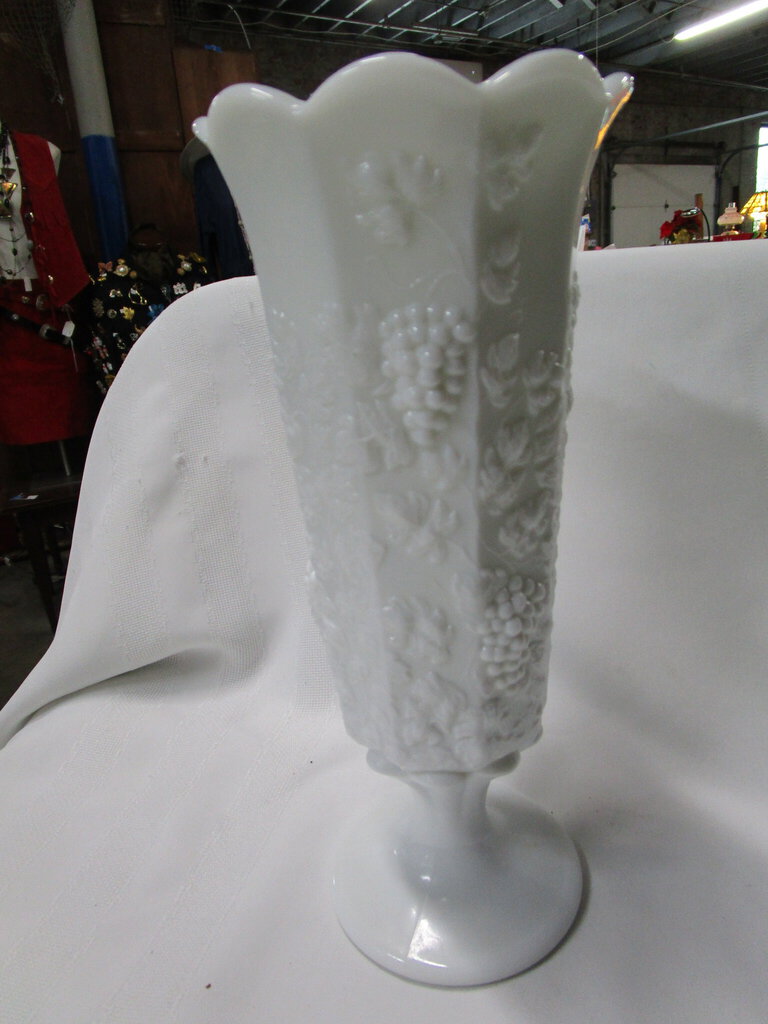 Vintage Westmoreland Leaves & Berries Milk Glass Pedestal Vase