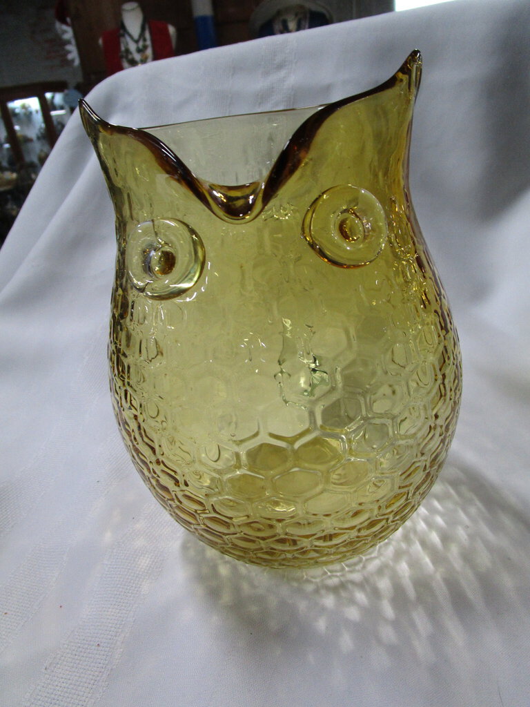Trautman Amber Honeycomb Glass Owl Pitcher