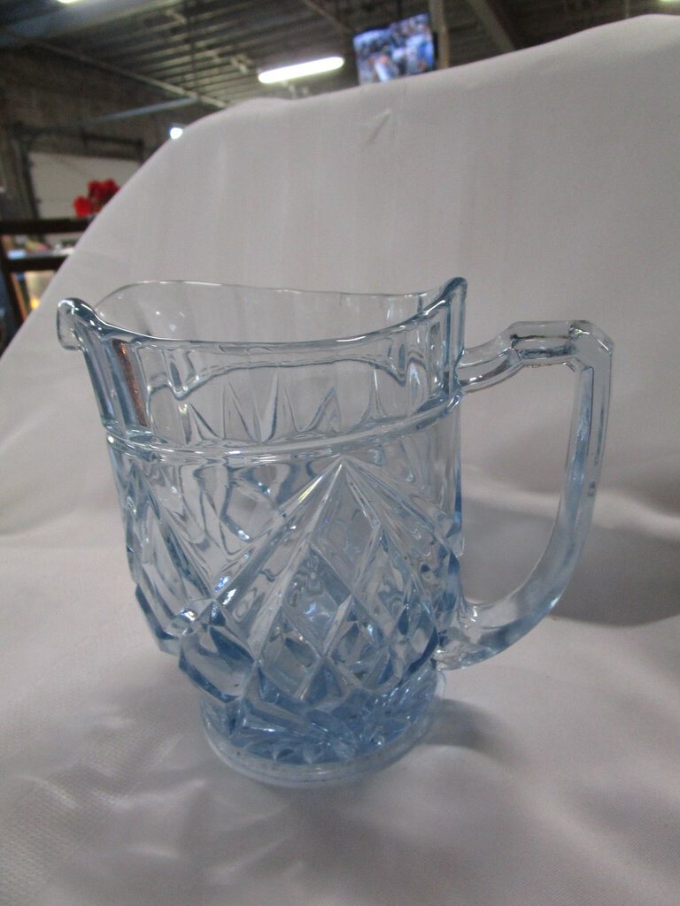 Vintage Ice Blue Glass Diamond Pattern Small Pitcher