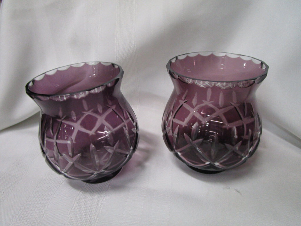 Vintage Purple Amethyst Glass Cut to Clear Votive Lamps Pair