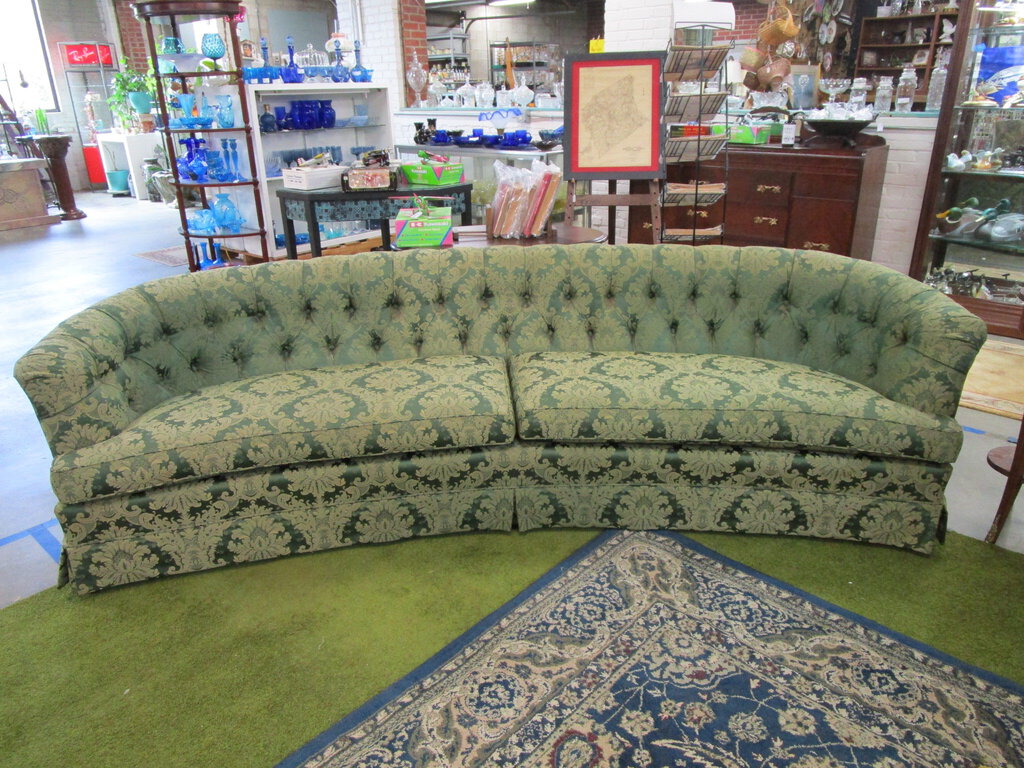 Vintage Custom Tufted Back Curved Green Damask 9 Foot Sofa Couch