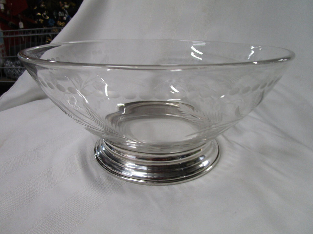 Vintage Cut Glass Leaf Motif Bowl with Sterling Silver Base