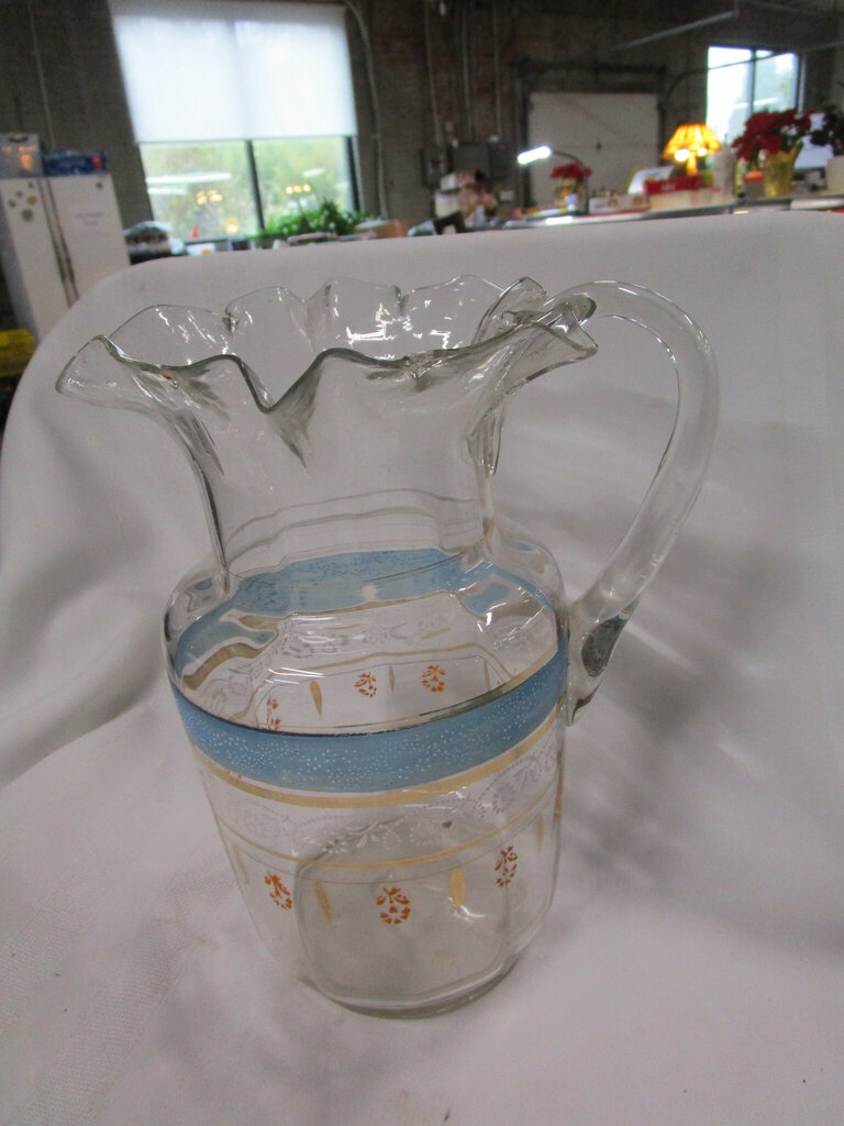 Hand Blown Hand Painted Clear Glass Decor Pitcher