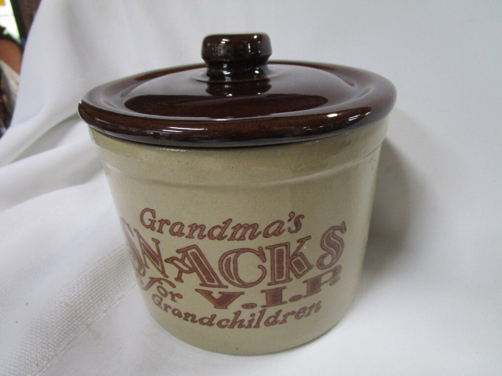 Vintage Grandma's Snacks for V.I.P. Grandchildren Stoneware Treat Crock with Lid