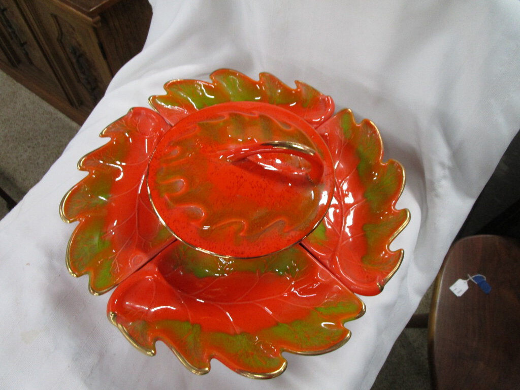 Retro California Pottery Orange/Green Ceramic Appetizer Set with Lazy Susan Wheel