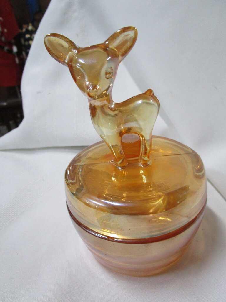 Jeanette Marigold Carnival Glass Fawn Trinket Powder Dish