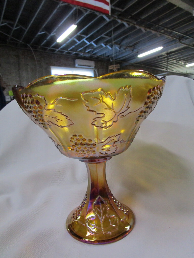Vintage Amber Carnival Glass Grapes Pedestal Bowl