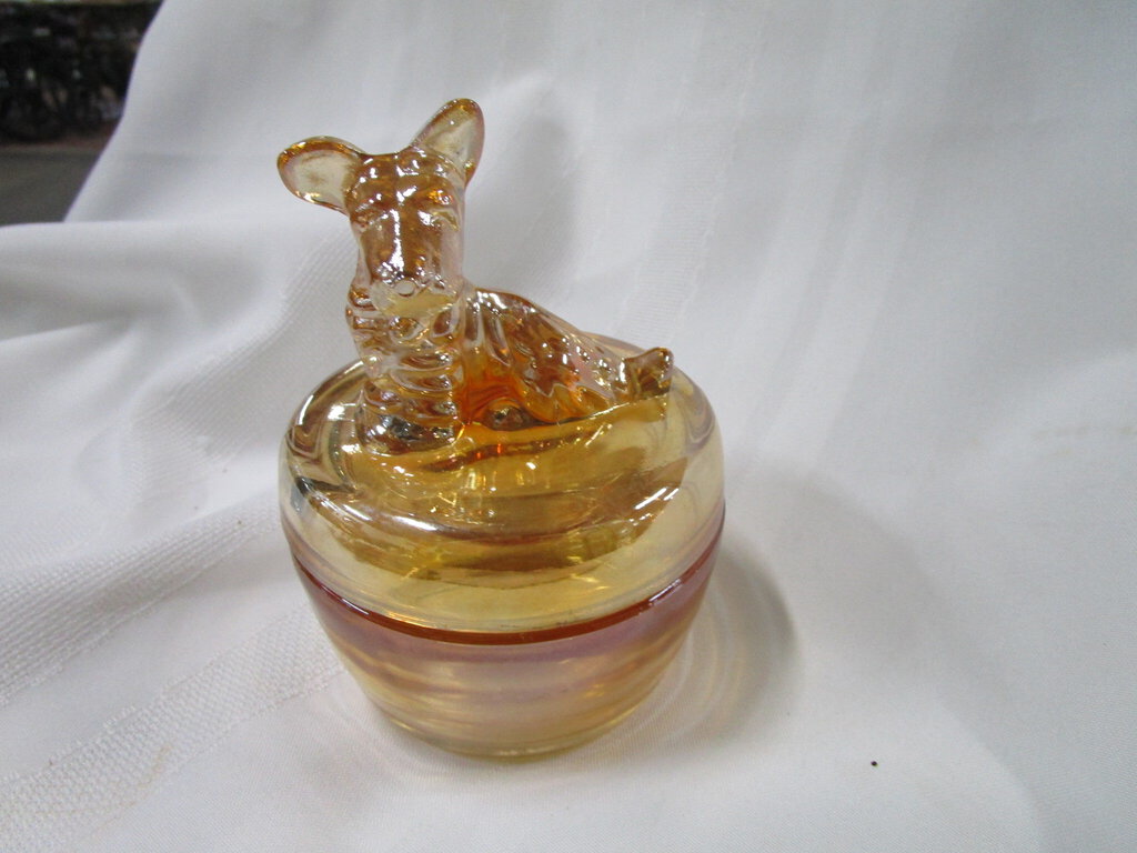 Marigold Carnival Glass Scottie Dog Trinket Powder Dresser Jar