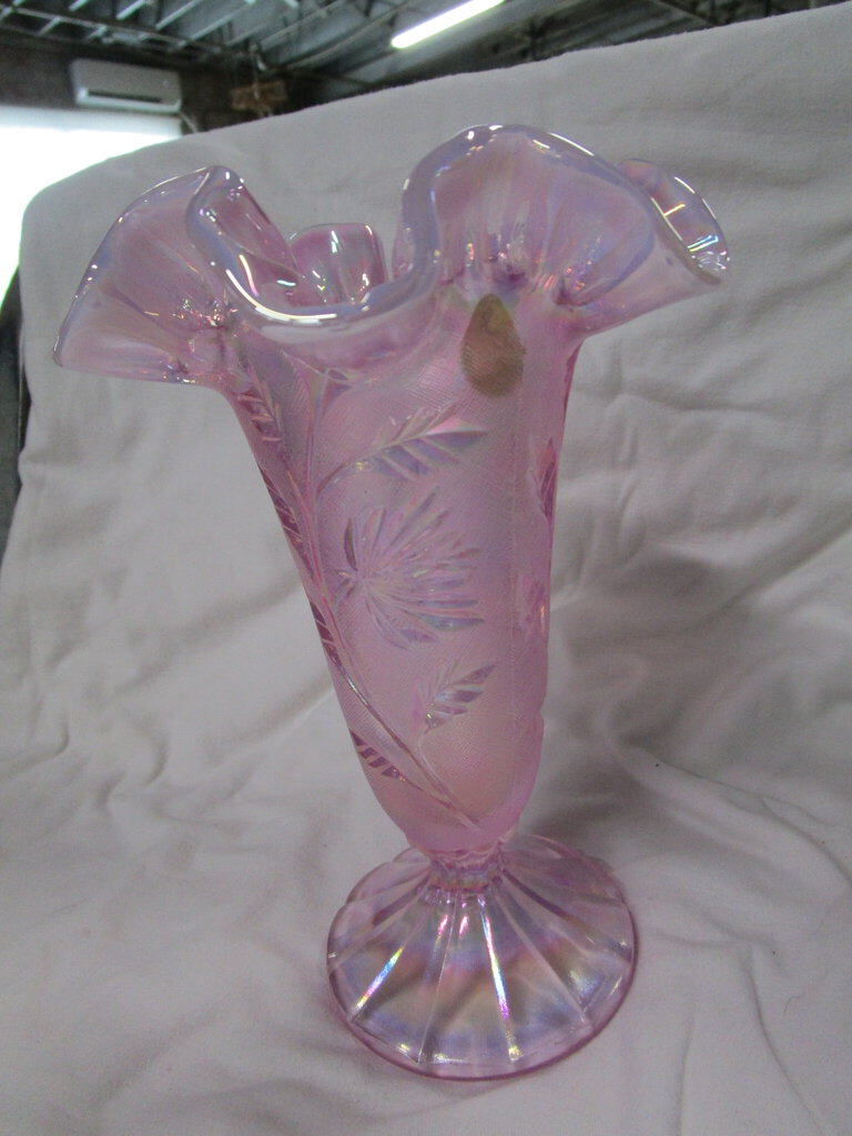 Fenton Pink Iridescent Floral Ruffled Edge Pedestal Vase