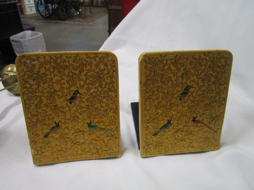 Vintage Suffering Moses India Bird Floral Wood Folding Bookend Pair
