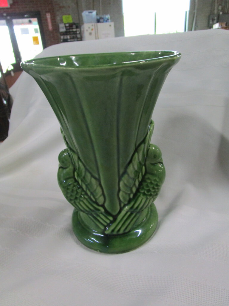 Vintage USA #829 Double Fan Tail Dove Green Ceramic Vase