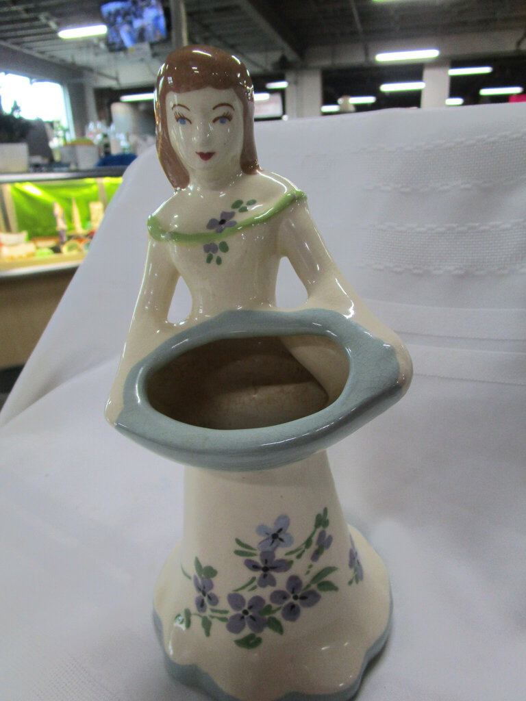 Weil Ware Woman with Blue Basket Planter Vase
