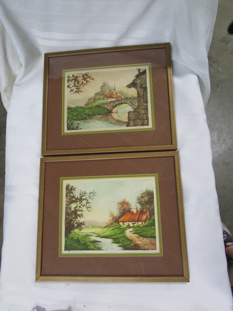 1930s Camille Boyer Hand Colored European Scene Etchings Framed Set of 2
