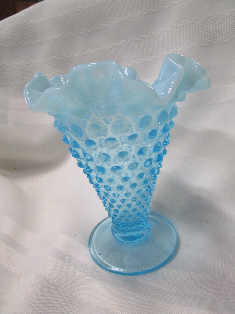 Fenton Aqua Blue Opalescent Hobnail Pedestal Ruffled Edge Vase
