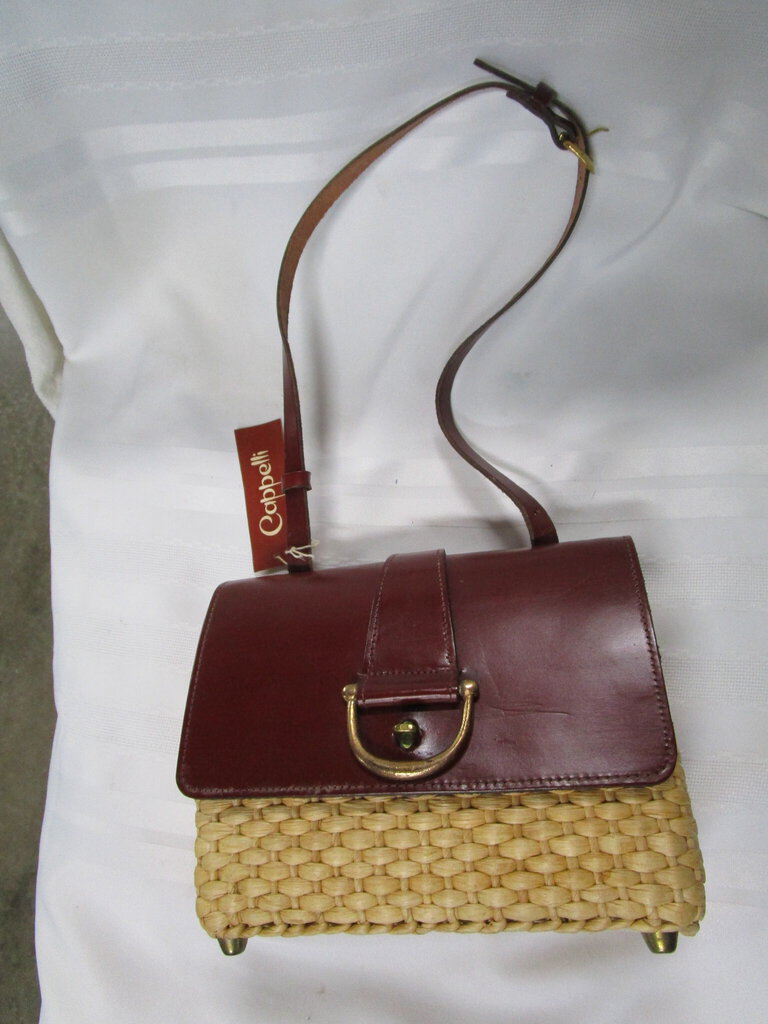 Vintage Cappelli Red Leather and Woven Straw Shoulder Bag Purse