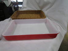 Load image into Gallery viewer, Vintage Pyrex 232 2 Quart Rosy Pink Casserole Dish with Wicker Dish Cozy
