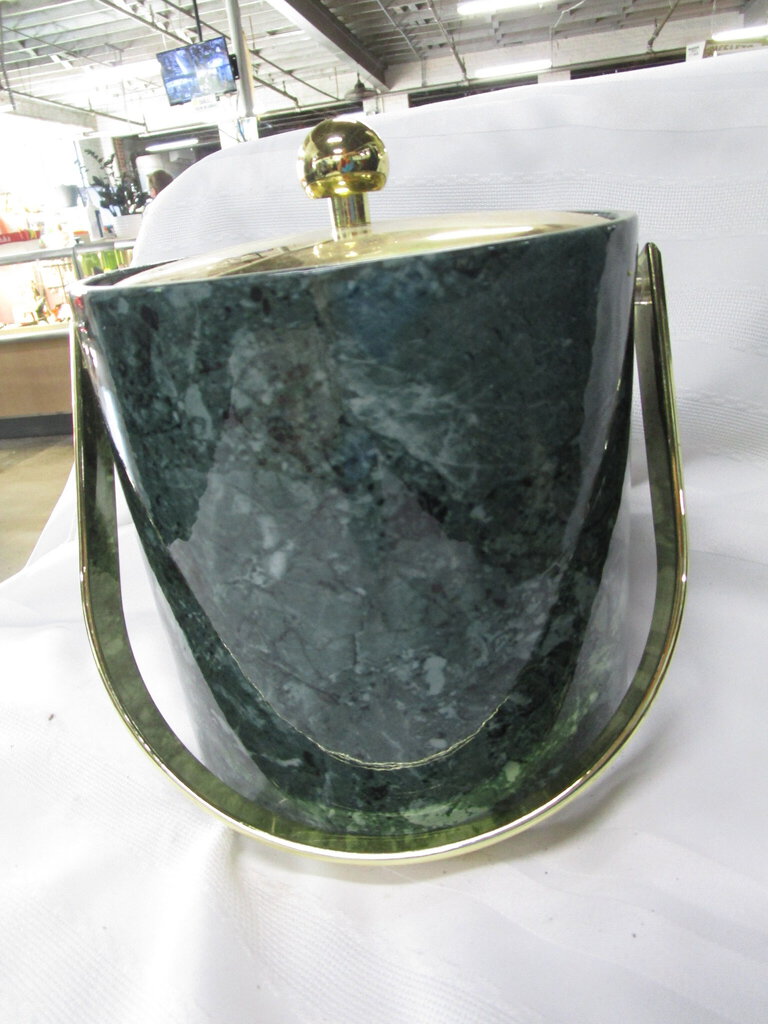 Vintage Kraftware USA Green Marble Faux Plastic Wrap Ice Bucket with Swing Handle