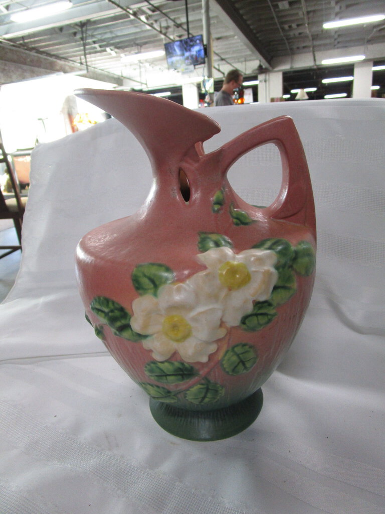 Vintage Roseville White Roses 990-10 Pottery Ewer Pitcher
