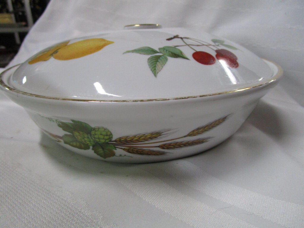 Vintage Royal Worcester England Porcelain Fruit Motif Casserole Dish with Lid