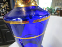 Load image into Gallery viewer, Vintage Cobalt Blue Glass with Gold Stripes Bohemian Decanter with with Stopper
