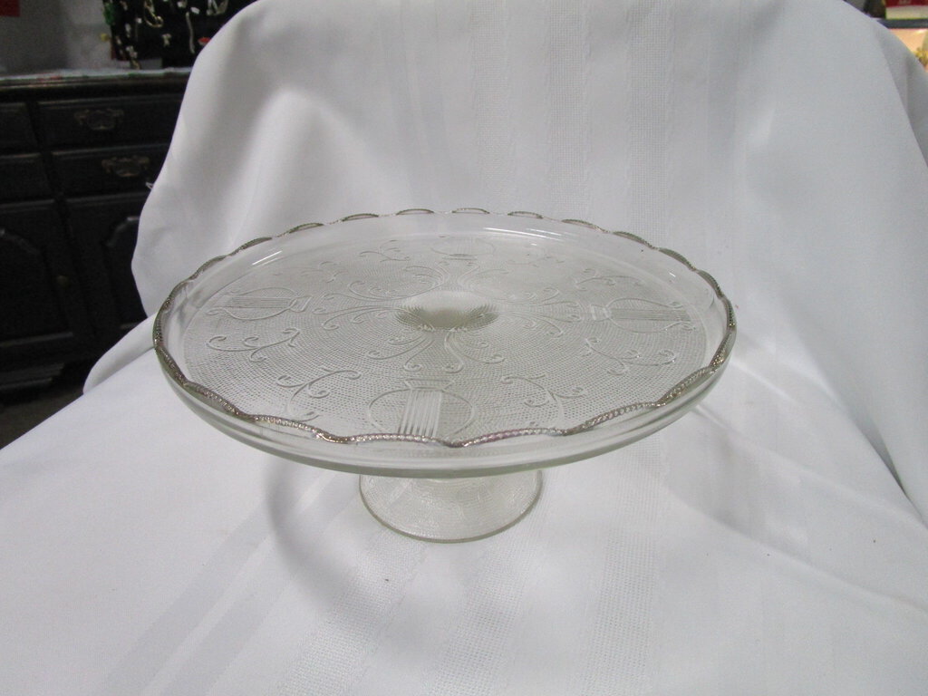 Vintage Jeanette Glass Clear Glass Lyre Harp Pedestal Cake Bakery Stand