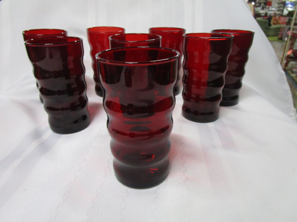 Vintage Anchor Hocking Ruby Red Ribbed Ripple Juice Glasses Set of 8