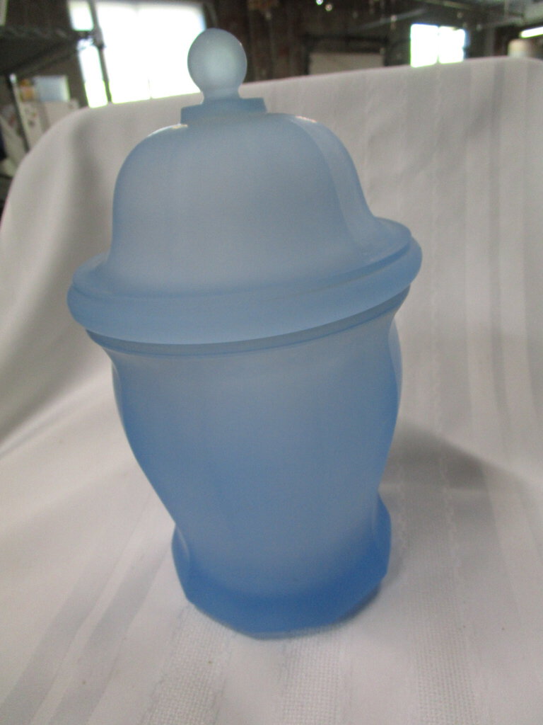 Vintage Indiana Glass Satin Blue Paneled Apothecary Canister Jar