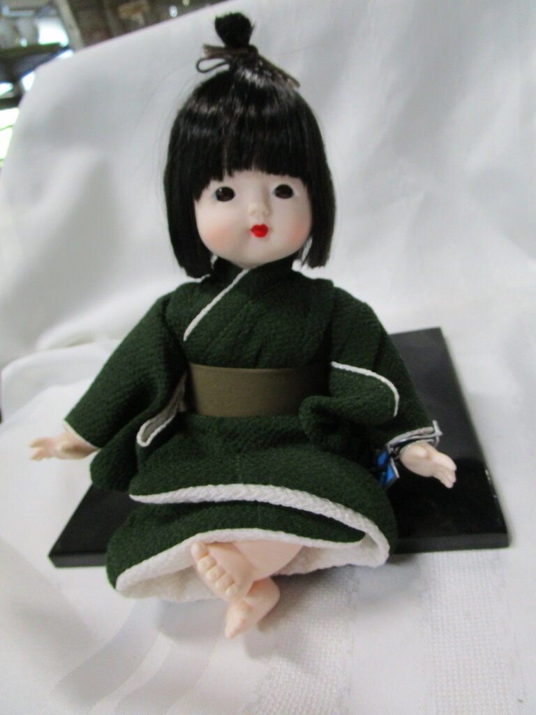 Vintage Japanese Ooike Ooike Co. Vinyl Sitting Doll with Green Robe with Sash