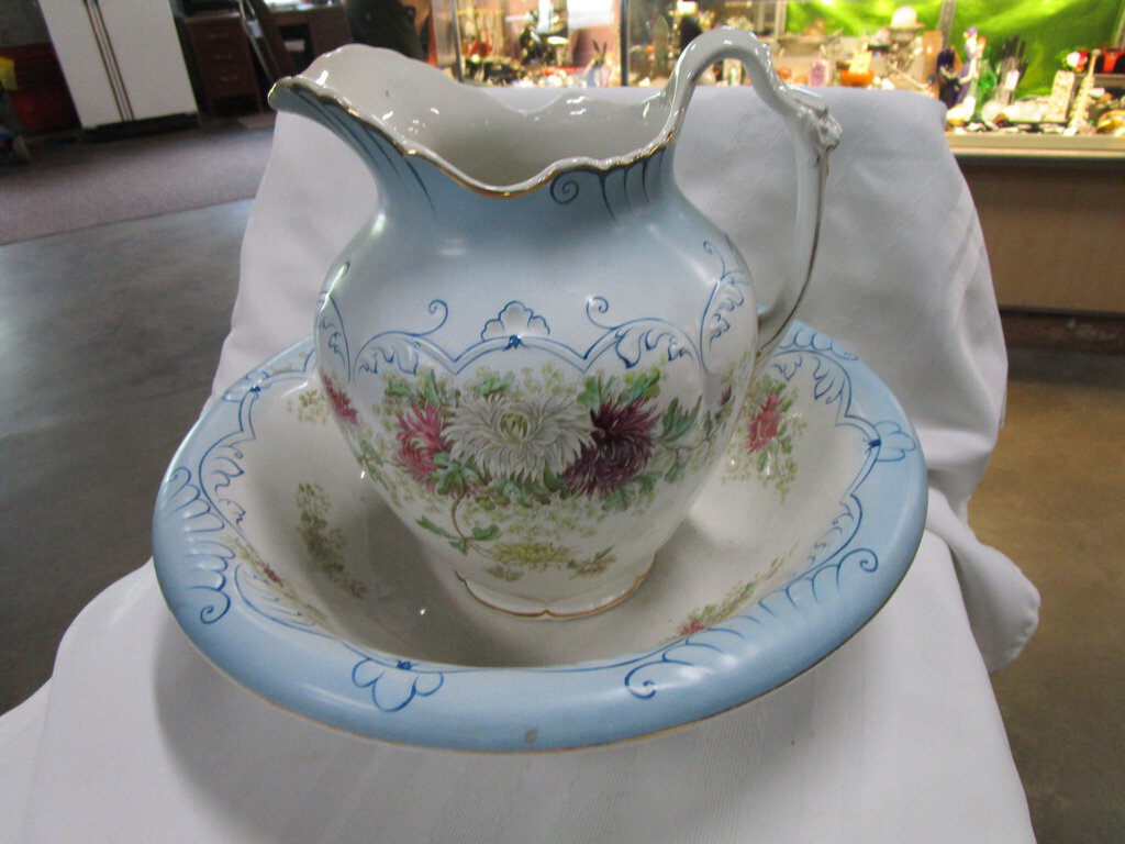 Antique Alba China Floral with Gold Trim Wash Basin and Pitcher Set