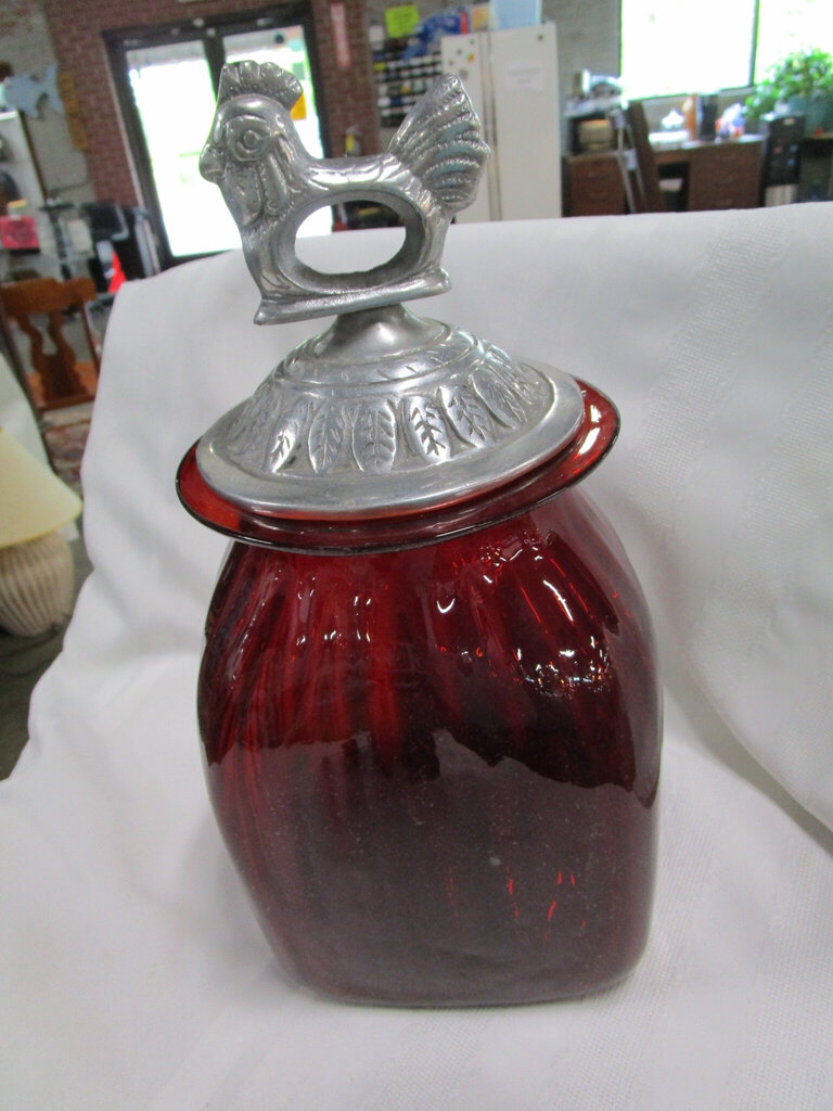 Vintage Red Glass Canister with Metal Hen Rooster Leaf Lid