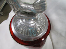 Load image into Gallery viewer, Vintage Red Glass Canister with Metal Hen Rooster Leaf Lid
