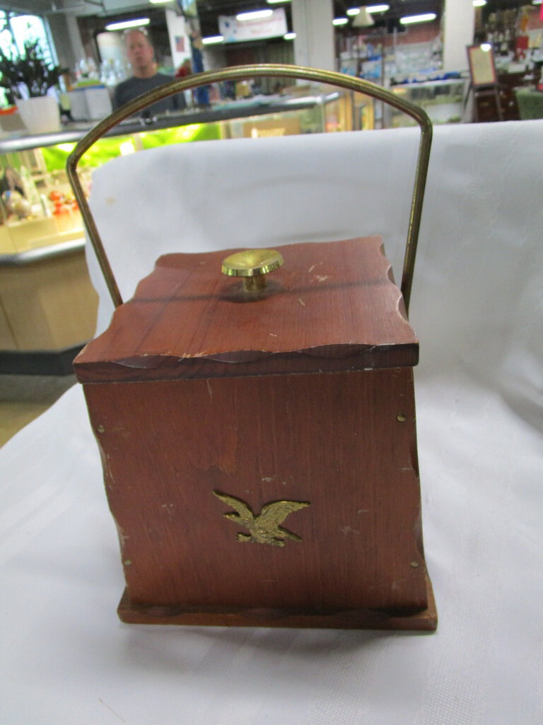 Vintage Solid Wood Salt Box with Metal Handle and Plastic Insert