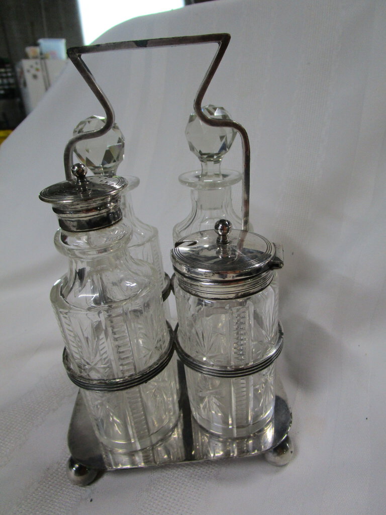 Vintage Cut Clear Glass Cruet and Condiment Set with Silverplate Table Holder