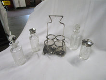 Load image into Gallery viewer, Vintage Cut Clear Glass Cruet and Condiment Set with Silverplate Table Holder
